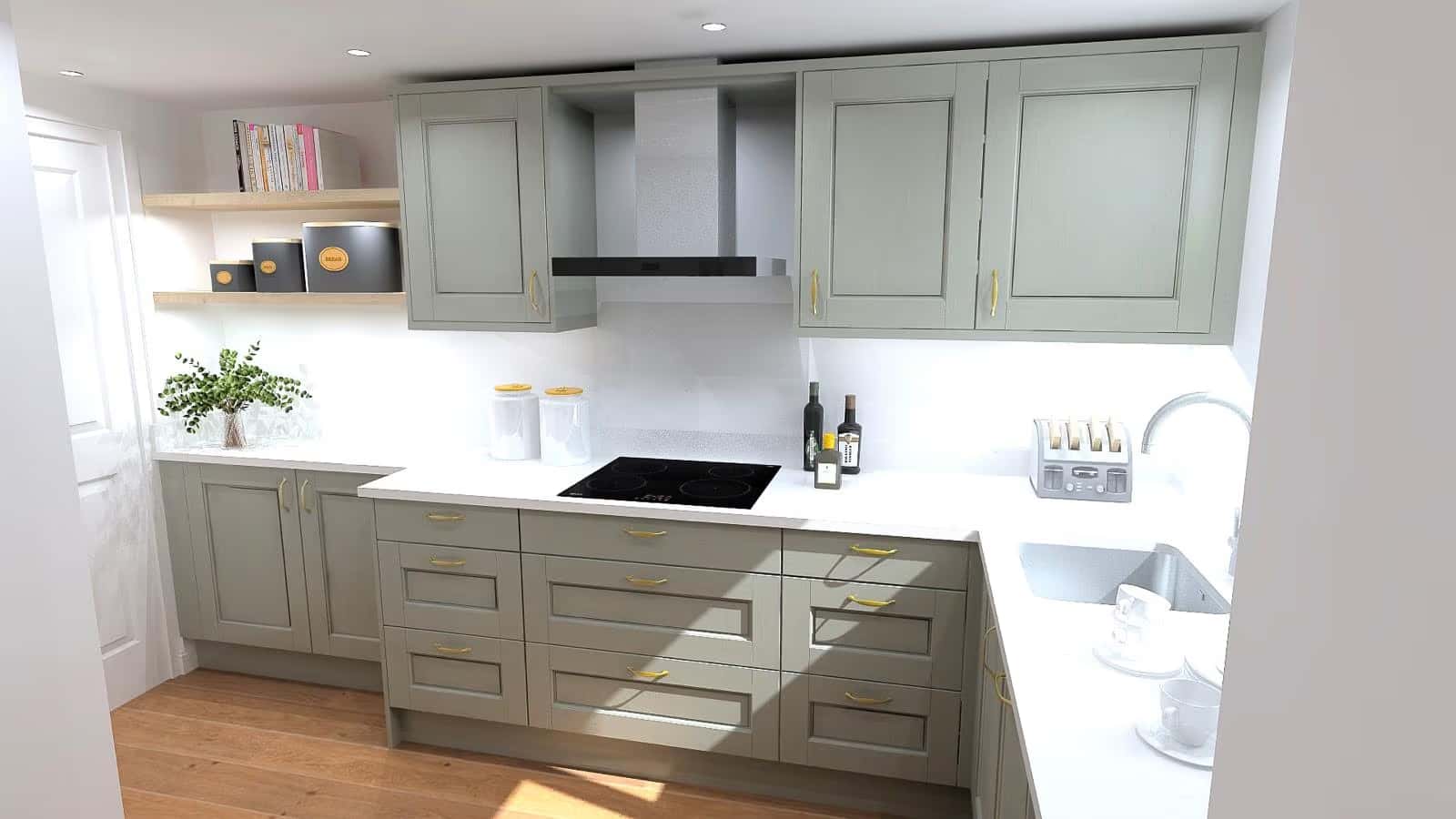 3D design visual of a sage-green shaker kitchen with island