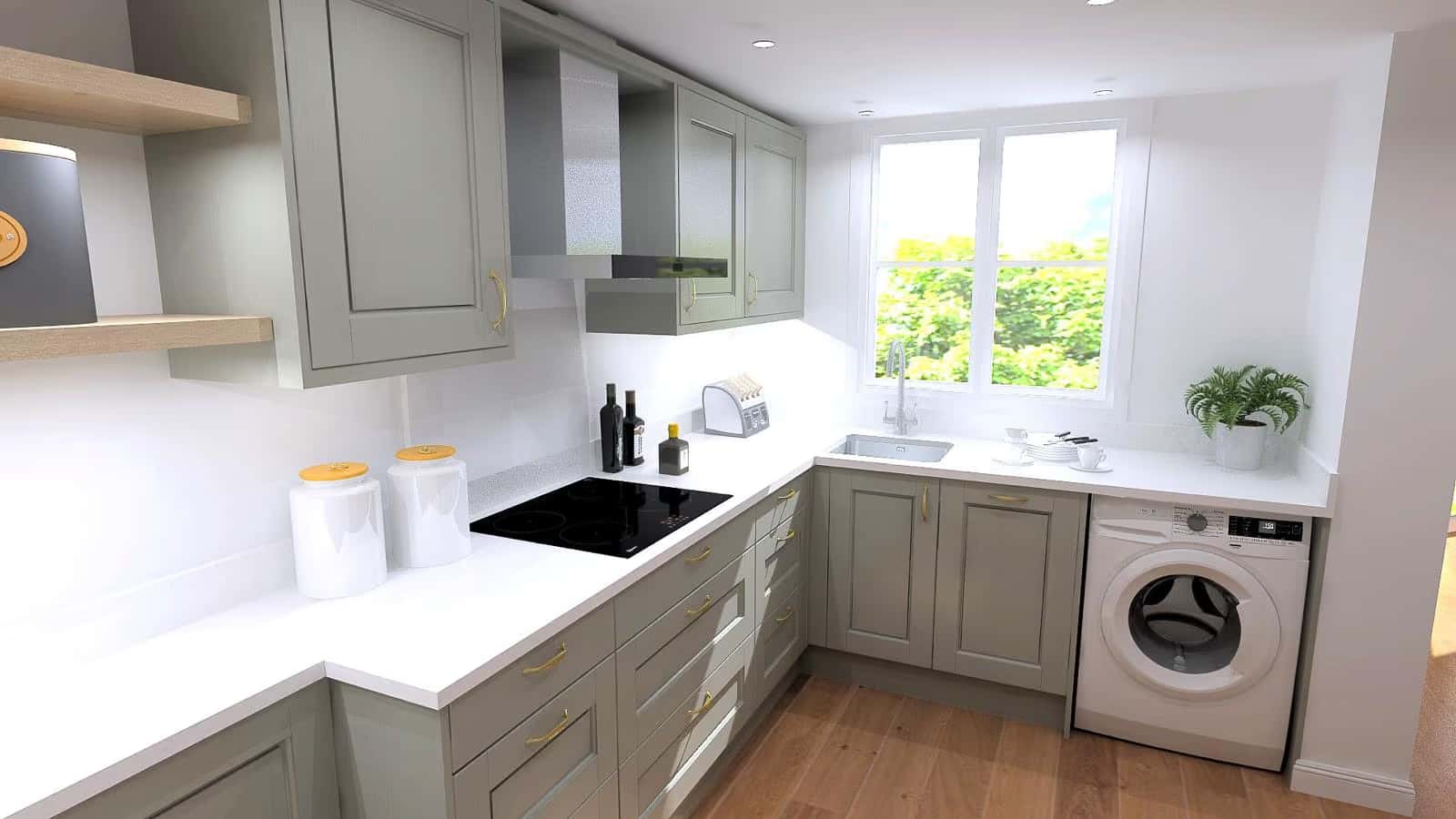 3D design visual of a shaker kitchen with a built-in double oven
