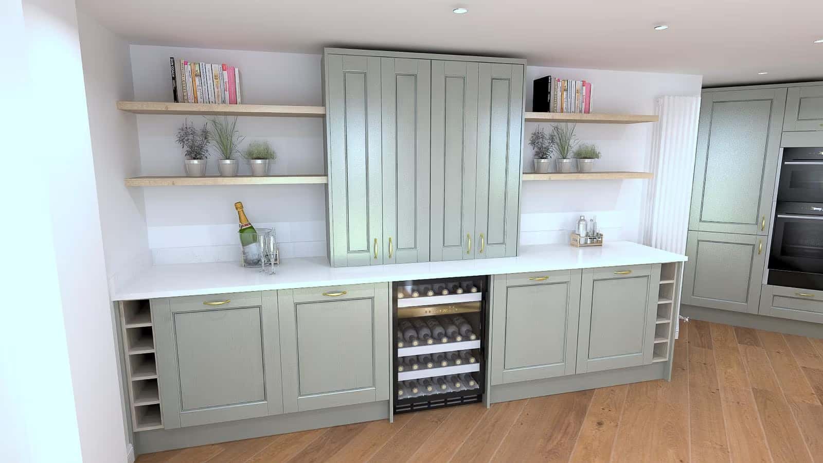 3D design visual of a shaker kitchen run with integrated wine cooler