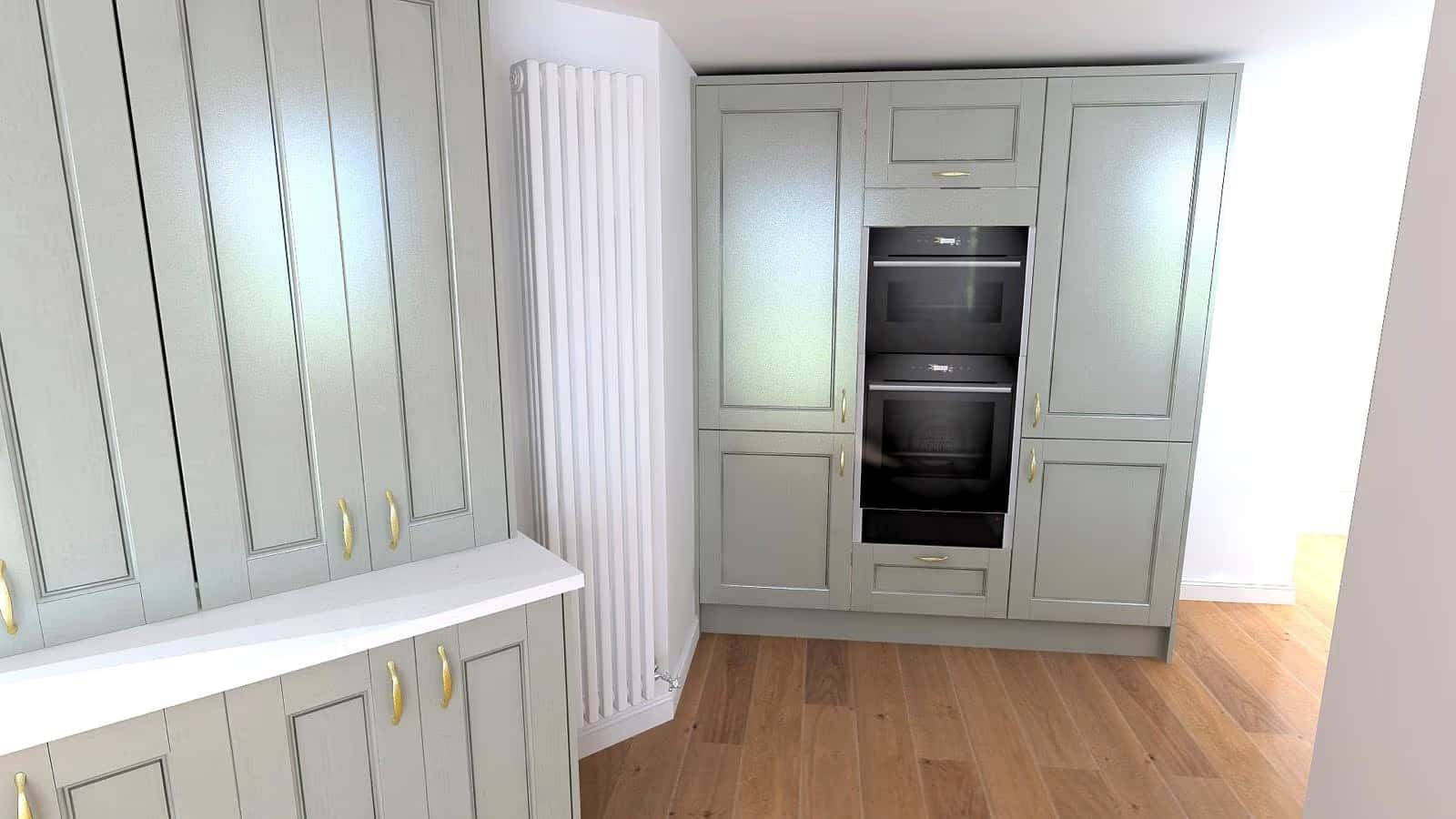3D design visual of a shaker kitchen tall-unit run